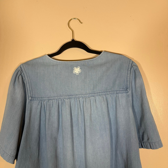 Go Softly Patio House Dress Duster MuMu 1X Floral Embroidered Chambray Denim - Picture 7 of 9